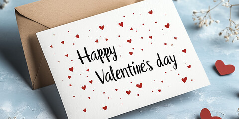 Valentine's Day Greeting Card with Red Hearts and Envelope on Blue Background