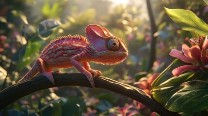 Obraz premium Pink Chameleon Perched on Branch Amidst Lush Flora