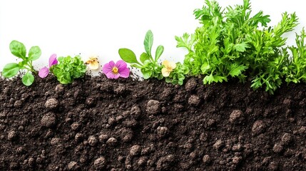 Spring seedlings in rich soil, white background; gardening