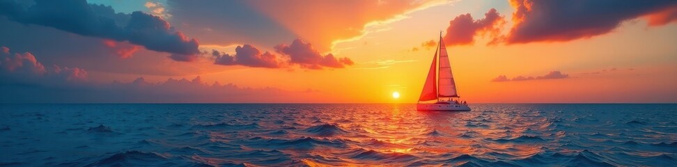 Fototapeta premium Blue ocean sunset, orange sailboat silhouette, summer, boat