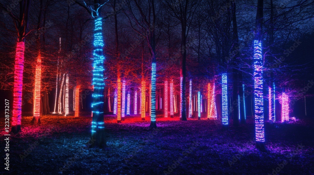 Poster Illuminated Forest Trees Displaying Vibrant Colorful Lights
