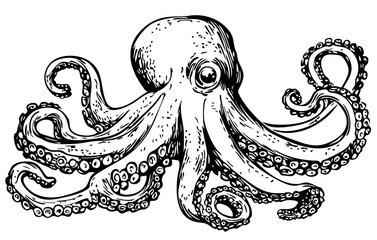Timeless Cartoon Octopus Silhouette Capturing Nature in Black and White, Sketch, Transparent Background