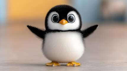Obraz premium Cute penguin chick, happy pose, blurred background, children's book illustration