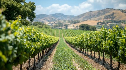 Vineyard rows leading to distant mountains under a sunny sky.