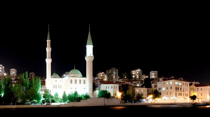 Naklejka premium Night view of illuminated mosque and city skyline.