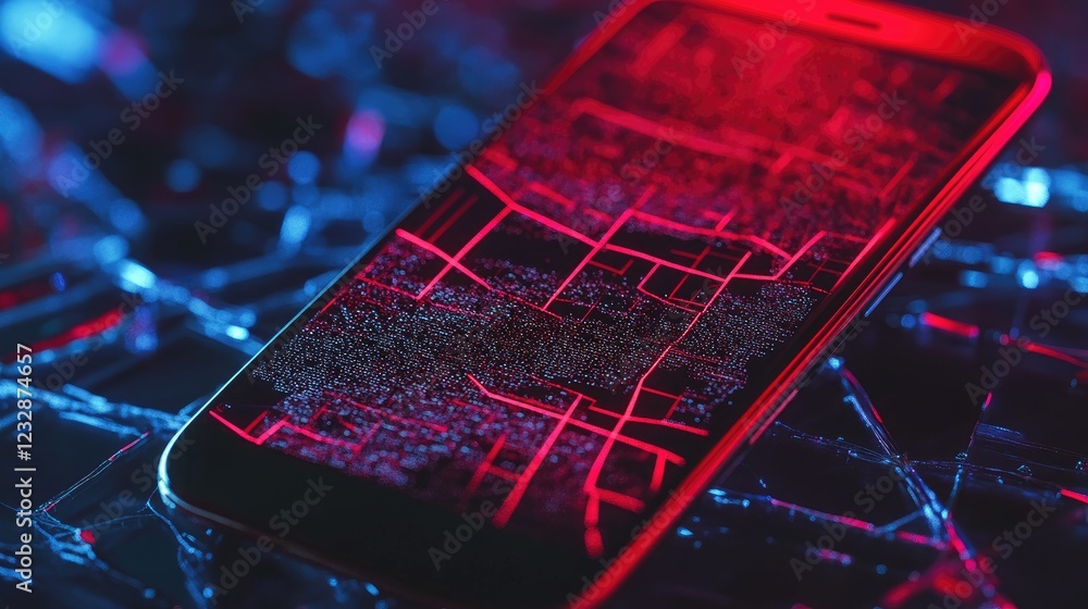 Poster damaged smartphone screen displays digital data