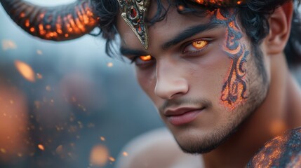 Enigmatic warrior with glowing eyes and fiery horns in mystical scene