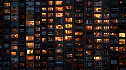 Night view of illuminated windows in a high-rise apartment building.