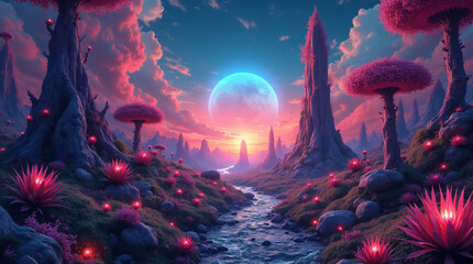 Fototapeta premium Psychedelic Space Garden Background, Generate, ai