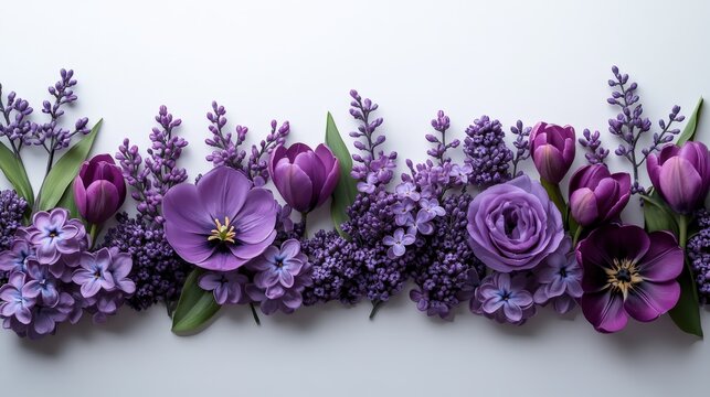 Monochromatic bouquet of purple lilacs and tulips against a white background - Powered by Adobe