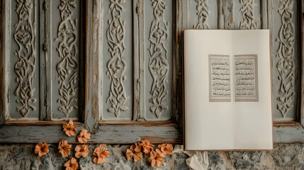 Open antique book with ornate carvings and flowers.