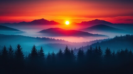 Sunrise over misty mountains, vibrant sky, tranquil forest. Wallpaper, website, travel