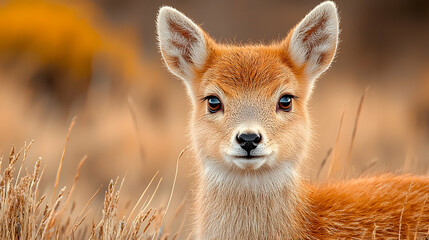 Fototapeta premium Patagonian deer fawn portrait, grassland background, wildlife photography