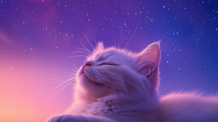 Contented white cat relaxing in dreamy twilight sky full of stars and soft colors