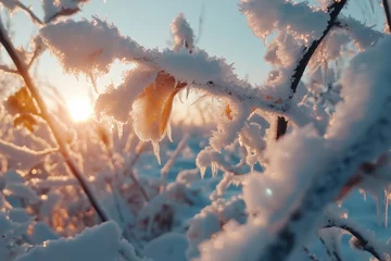Frosted leaves glimmering in snowy morning light nature closeup winter wonderland serene viewpoint