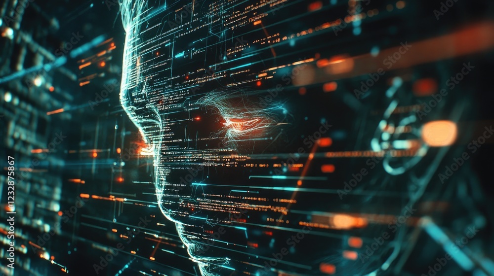 Poster Digital Face Formed From Code Lines Illuminating Data Streams
