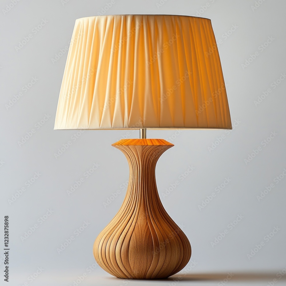 Poster lit table lamp with pleated shade and carved base against grey backdrop.