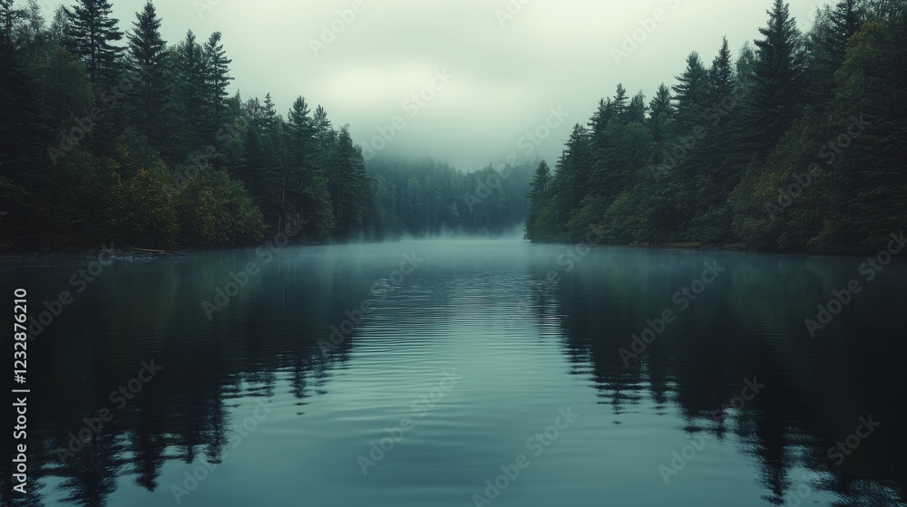 Wall mural Misty morning reflections on a tranquil lake surrounded by dense forested mountains