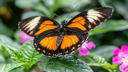 Naklejka premium Orange and Black Butterfly on Green Leaves