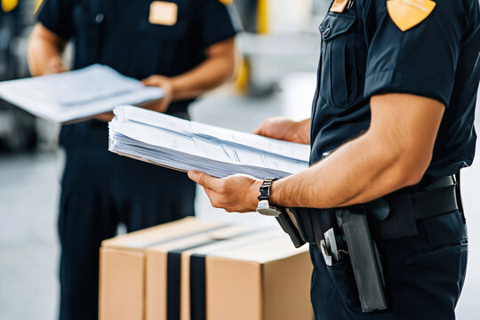 customs officers checking cargo documents, border facility backdrop