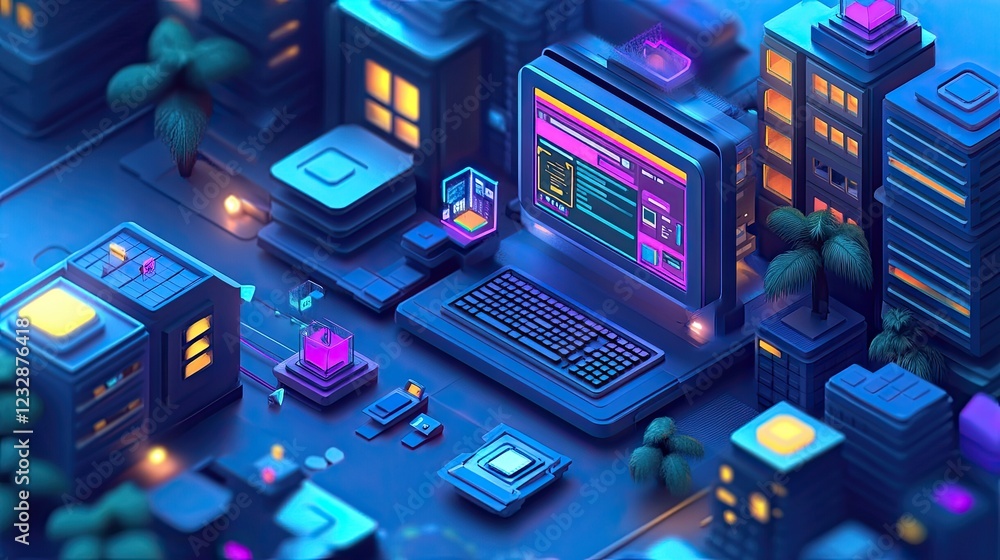 Poster Futuristic Cityscape with Computer Technology Displayed