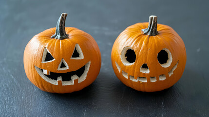 Carved pumpkins Halloween decoration dark background