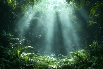 Obraz premium Lush Green Prehistoric Jungle Leaves in Mystical Fog - Generative AI