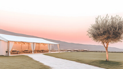 Outdoor wedding reception tent at sunset with stone path, olive tree, and mountain backdrop.