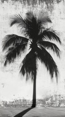 Tall palm tree casting a distinct shadow on an aged wall during sunny daylight