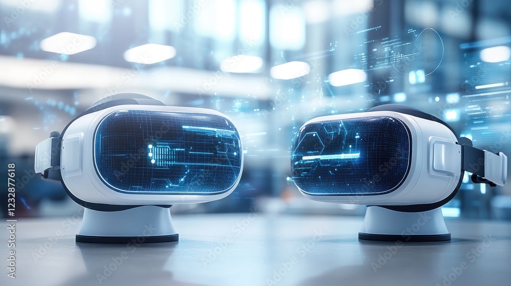 Poster two futuristic virtual reality headsets display digital data