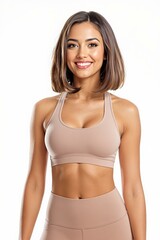 Obraz premium Smiling woman in activewear posing confidently against white background