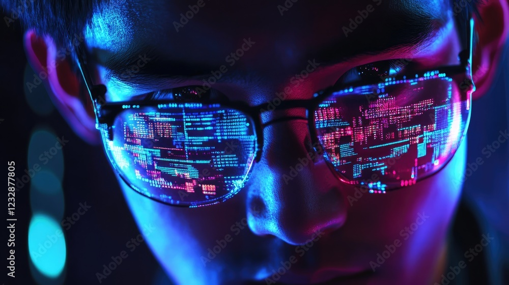 Poster person wearing glasses reflecting coding data