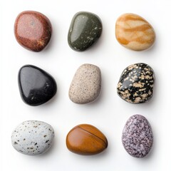 nine colorful polished stones isolated on white background