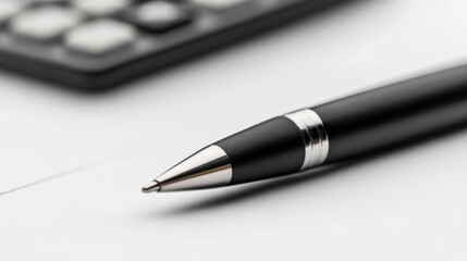 close up of a pen and calculator on a white desk
