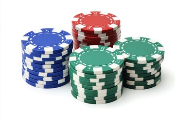 Stacks of poker chips forming colorful arrangement on white background