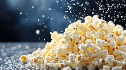 Salt falling on a pile of popcorn on dark background, copy space