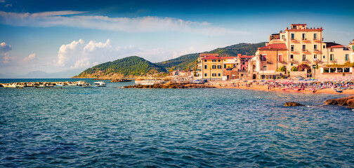 Hot summer scene of Santa Maria di Castellabate puclic beach. Panoramic morning sescxape of...