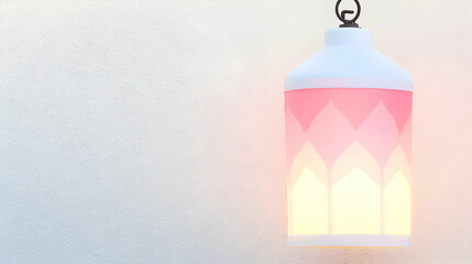 Fototapeta premium Pink and white hanging lamp emitting warm light against a white wall.