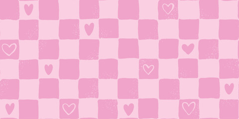 Valentine's day y2k checkered seamless pattern with pink hearts for wallpaper, wrapping paper, scrapbooking, stationery, textile prints, etc. EPS 10