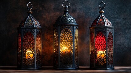 Obraz premium Beautifully decorated Islamic lanterns with intricate glass and metalwork, warm glowing light 