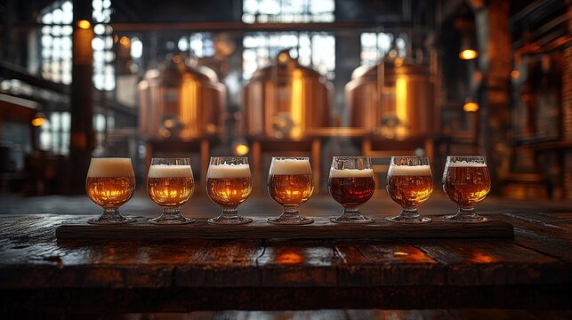 Rustic brewery featuring craft beer flight with copper vats in background