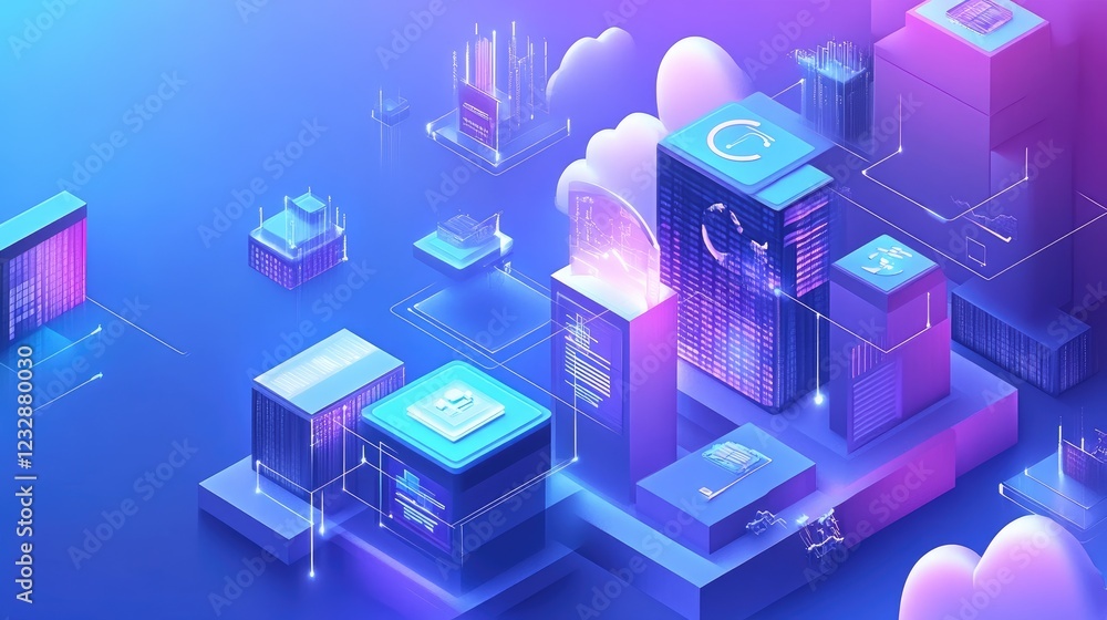 Poster abstract digital cityscape showcasing cloud computing infrastructure