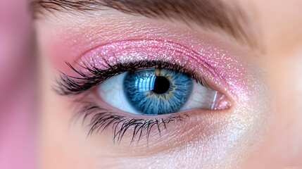 Obraz premium Close-up eye makeup, pink glitter, blue iris, beauty