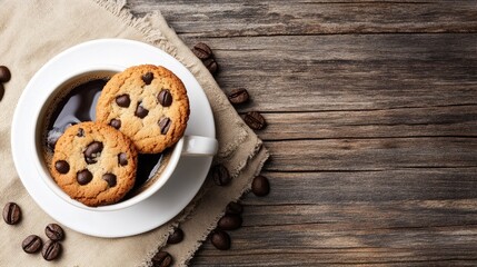 Coffee cup with chocolate chip cookies on wood
