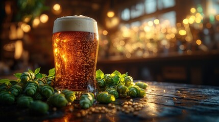 Frosty dark stout beer on a rustic wooden table with hops and barley