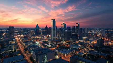 A city skyline at dusk with a beautiful orange sky