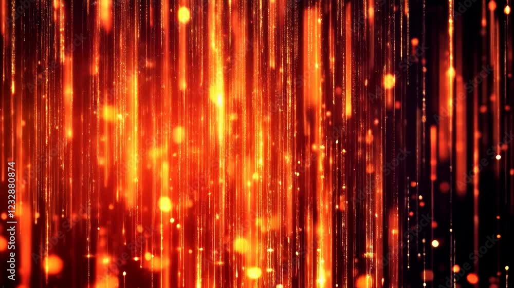 Poster tech motion background in bright neon orange tones with particles smoothly falling vertically down