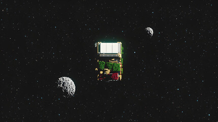 Pixel art spaceship floating in space near planets.