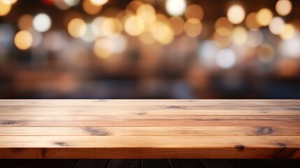 Empty top wooden table with supermarket blur background.