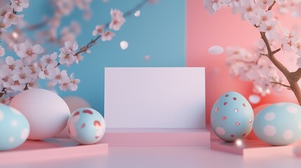 Easter card mockup with eggs, and blossoms, on a pastel pink and blue background.
